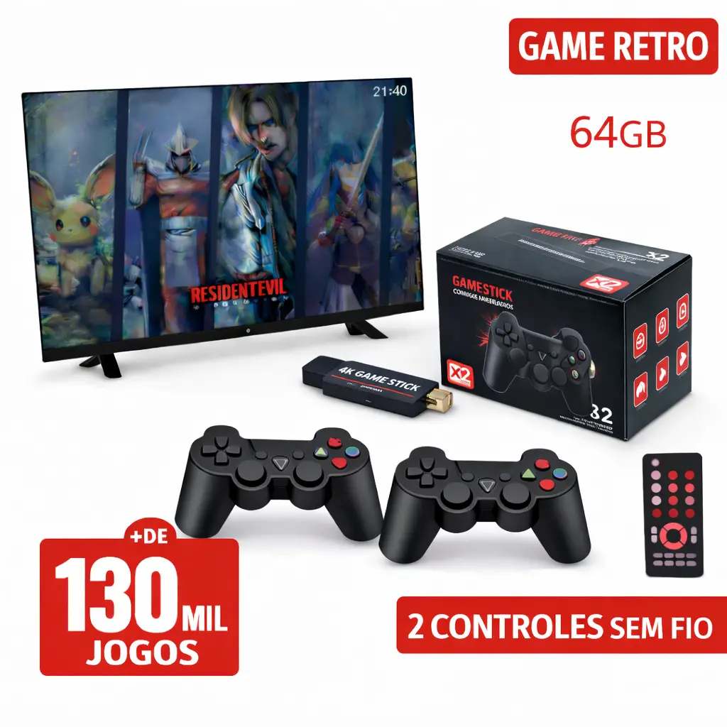 Video Game Stick X2 Black OS 4.8 +130 Mil Jogos + 2 Controles Sem Fio