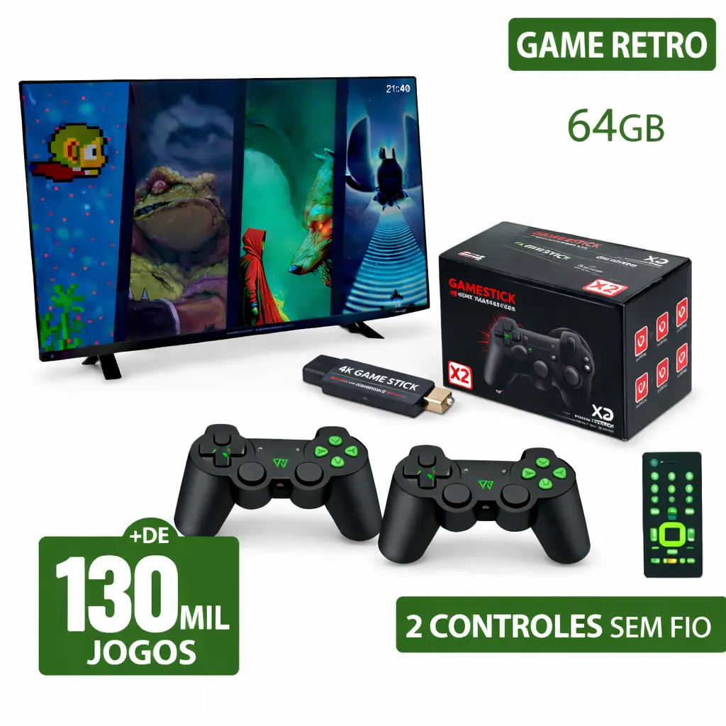 Game Stick X2 Black OS 4.8 +130 Mil Jogos + 2 Controles Sem Fio