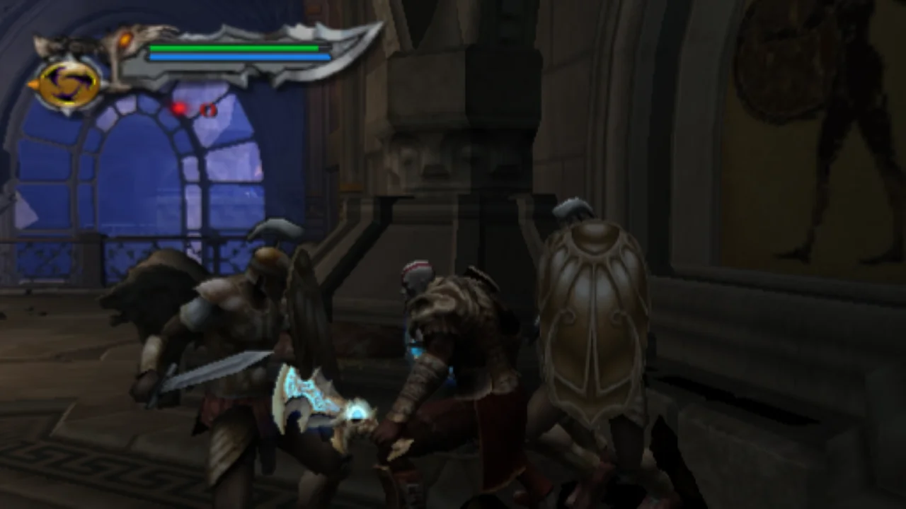 Kratos enfrentando soldados em God of War II