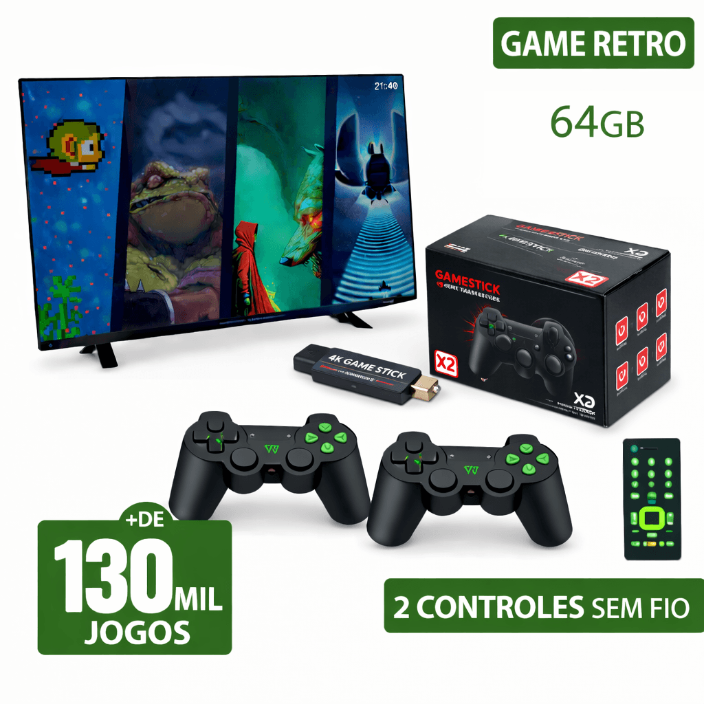Game Stick X2 Black OS 4.8 +130 Mil Jogos + 2 Controles Sem Fio